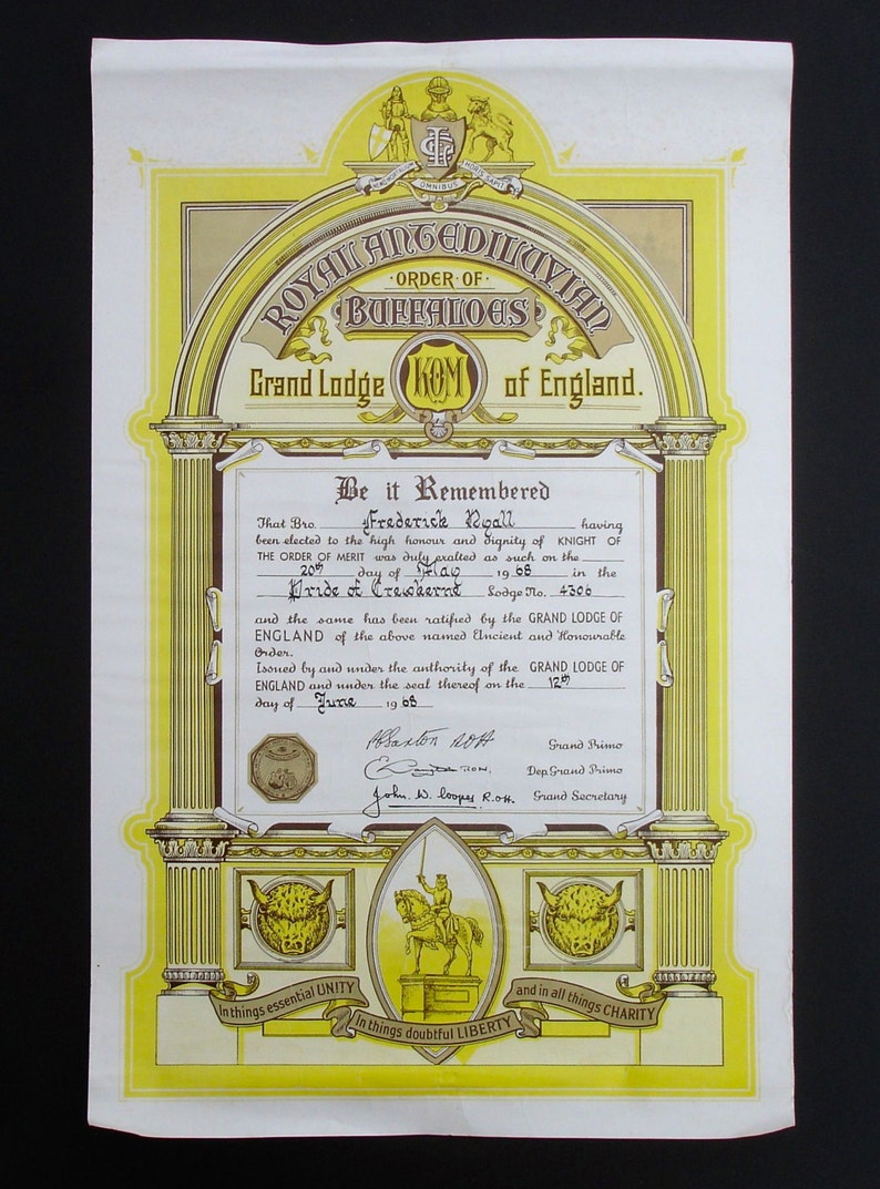 The Royal Antedeluvian Order of Buffalo Vintage Certificate Etsy UK