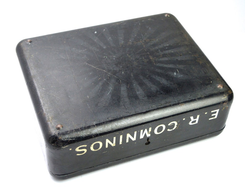 Vintage Cash Tin with KEY E R Comninos Large Cash Tin Black Metal Tin Office Metal Box Supplies Office Cash Box Document Tin
