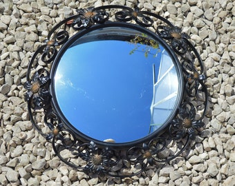 1970s Black Wire Frame Convex Mirror Leaf Pattern Hanging Mirror Vintage Home Decor Wall Mirror  Leaves Mirror Retro Round Mirror