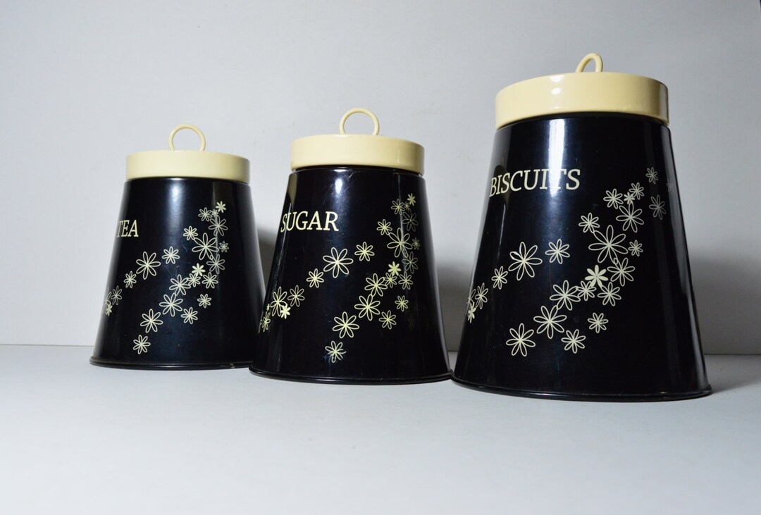 Vintage Black Canister Set Linda Barker Canisters Tea Coffee Sugar