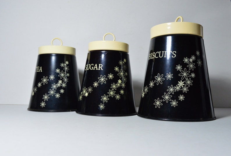 Vintage Black Canister Set Linda Barker Canisters Tea Coffee Sugar Canisters Kitchen Storage Designer Decor Vintage Kitchenalia 