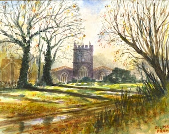 1990s Vintage Watercolor of St Mary's Church Frampton Dorset Vintage Art One of a Kind Painting Vintage Landscape Painting of Church by Geri