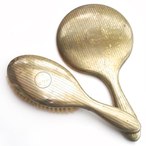 Vintage Art Deco EPNS Silver Plated Ladies Dressing Table Vanity Set Beveled Hand Mirror and Real Bristle Hair Brush Set