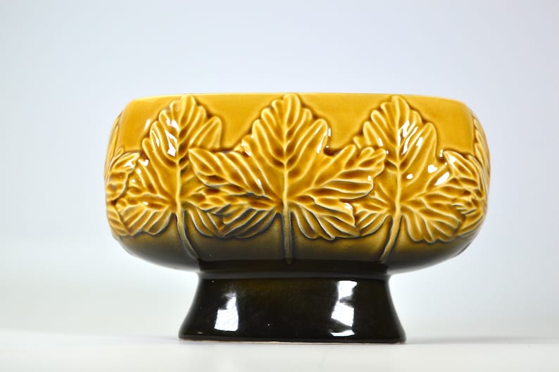 Puede incluir: Un macetero de cer&aacute;mica amarillo con base marr&oacute;n. El macetero est&aacute; decorado con un dise&ntilde;o en relieve de hojas.