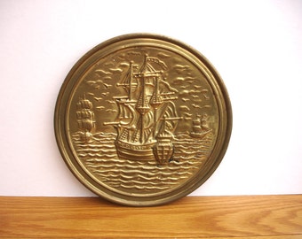 1950s Vintage Brass Wall Plaque Vintage Brass Wall Hanging of 3 Sailing Ships Vintage 3 Tall Ships