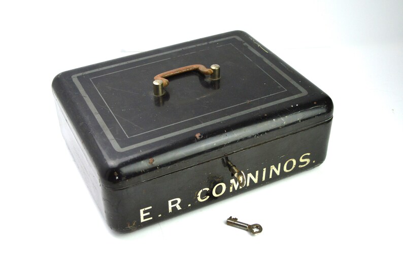 Vintage Cash Tin with KEY E R Comninos Large Cash Tin Black Metal Tin Office Metal Box Supplies Office Cash Box Document Tin
