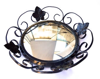 1970s Black Wire Frame Convex Mirror Vine Leaf Pattern Hanging Mirror Vintage Home Decor Wall Mirror Vine Leaves Mirror Retro Round Mirror