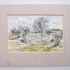 Monogrammed RPC 1980s vintage art OOAK Painting / Vintage Watercolor and Ink Painting / Vintage Landscape / Vintage Riverscape