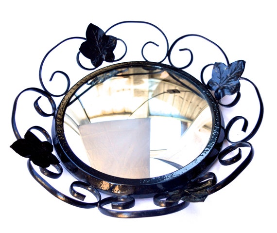 1970s Black Wire Frame Convex Mirror Vine Leaf Pattern Hanging Convex Mirror Vine Leaf Pattern Hanging