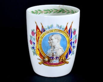 1930s Royal Doulton Vintage Beaker Mug Cup Coronation George VI Elizabeth Burslem Sunday School Hill top Centenary Souvenir
