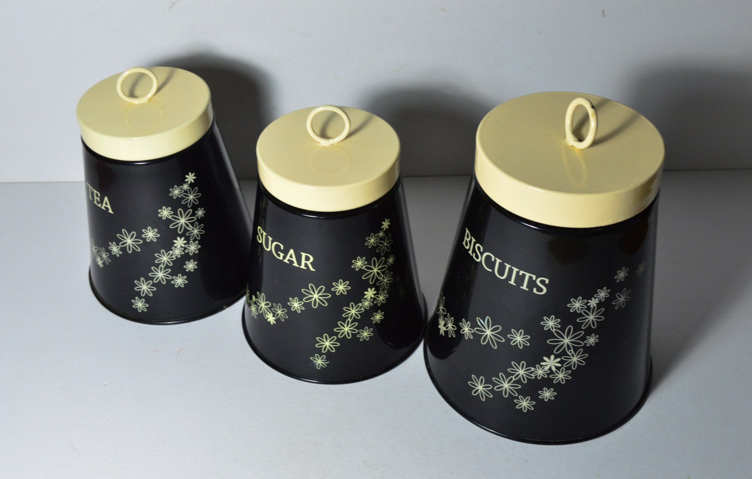 Vintage Black Canister Set Linda Barker Canisters Tea Coffee Sugar