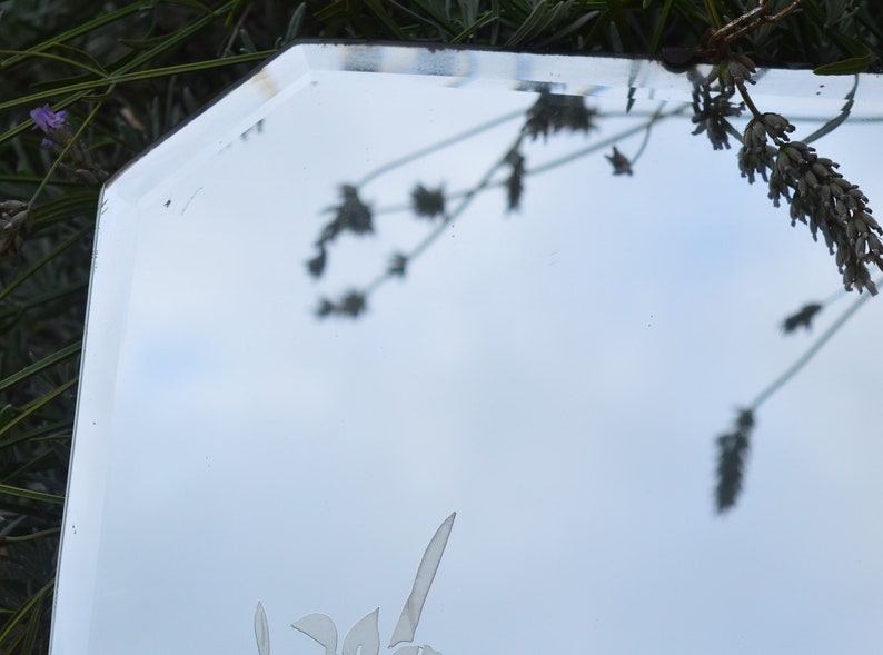 May include: A close-up of a decorative mirror with a beveled edge. The mirror is reflecting a blurry image of lavender flowers and a blue sky.