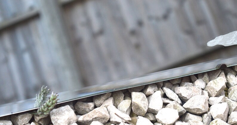 May include: A close-up of a silver metal mirror with a beveled edge, resting on a bed of small gray stones. A small green plant is visible in the reflection of the mirror.