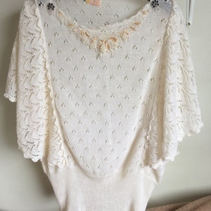 Vintage 80s White Knitted Top with Flared Sleeves and Beaded Collar Detail
