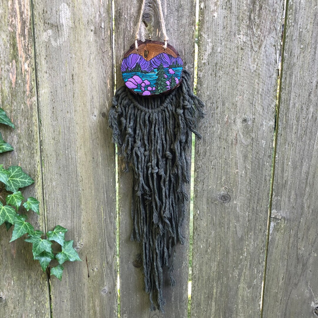 Pacific Northwest Wood Round Painting With Macrame Mini Wall Etsy
