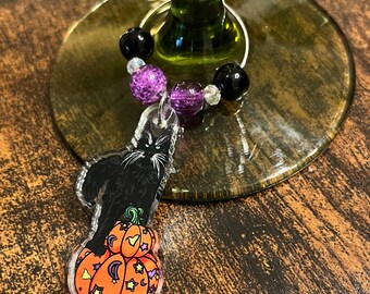 Halloween Themed Black Cat and Pumpkin Wine Charms