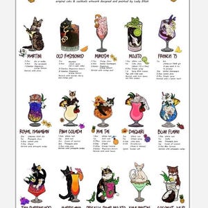 Op de afbeelding: Een kleurrijke, printbare poster met illustraties van katten en cocktails met recepten voor elk drankje. De poster heeft een roze en witte titel "Cats & Cocktails" en bevat recepten voor drankjes zoals de Martini, Old Fashioned, Mimosa, Mojito, French 75, Royal Hawaiian, Pina Colada, Mai Tai, Daiquiri, Blue Flame, The Purrincess, Hurricane, Prickly-Pear Mojito, Keylimetini en Coconut Julp.