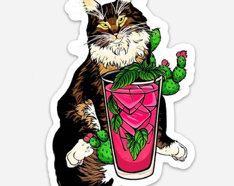 Cocktail Cat Sticker - “Blitzen” - Prickly Pear Mojito - Classic Tabby with Pink Cocktail