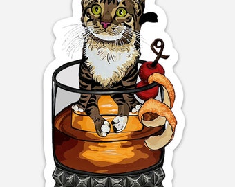 Cocktail Cat Sticker - “Danny” - Old Fashioned - Classic Tabby with Classic Whiskey Cocktail