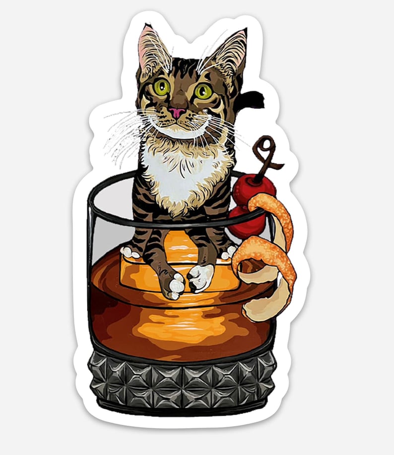 Cocktail Cat Sticker Danny Old Fashioned Classic Tabby with Classic Whiskey Cocktail image 1