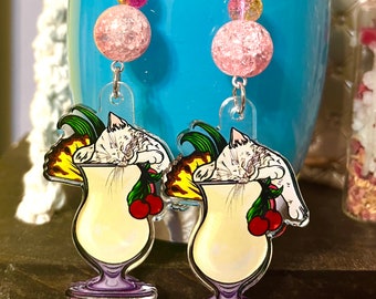 Cocktail Cat Earrings - Piña Colada Cocktail - White Cat