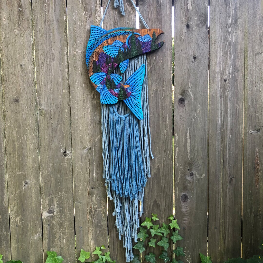 Pacific Northwest Wood Round Painting With Macrame Rainbow Trout Wall