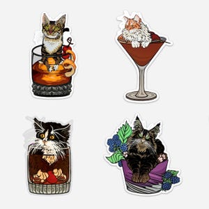 Cocktail Cat Sticker - Whiskey Cocktail Cats - Old Fashioned, Bourbon Smash, Manhattan, Whiskey Sour