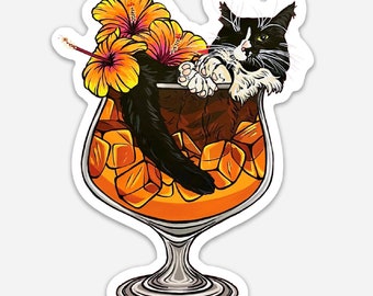 Cocktail Cat Sticker - “Bacardi” - Mai Tai - Tuxedo Cat with Classic Tropical Cocktail