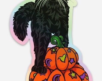 Halloween Cat Sticker - Black Cat and Pumpkins Holographic Sticker