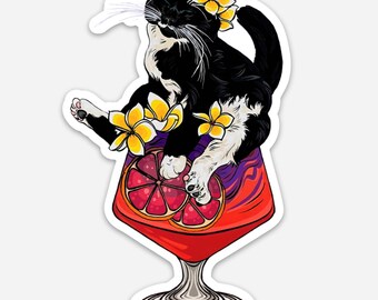 Cocktail Cat Sticker - “Saoirse” - Tuxedo Cat with Tropical Cocktail and Plumeria Flowers