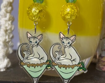 Cocktail Cat Earrings - Keylime Pie Martini - Sphynx Cat