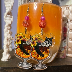 Cocktail Cat Earrings - Mai Tai Cocktail - One-Eyed Tuxedo Cat “Bacardi”