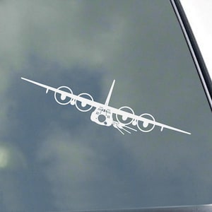 May include: White decal of a four-engine airplane with propellers, viewed from the front and slightly below. The aircraft is depicted in a minimalist style, with clean lines and a focus on the essential elements of the plane's design.