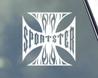 Sportster Flames Iron Cross vinyl sticker decal for Harley fans Motorcycle Club Love