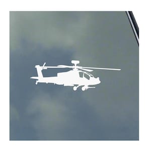 May include: A white silhouette of an Apache helicopter against a gray background.
