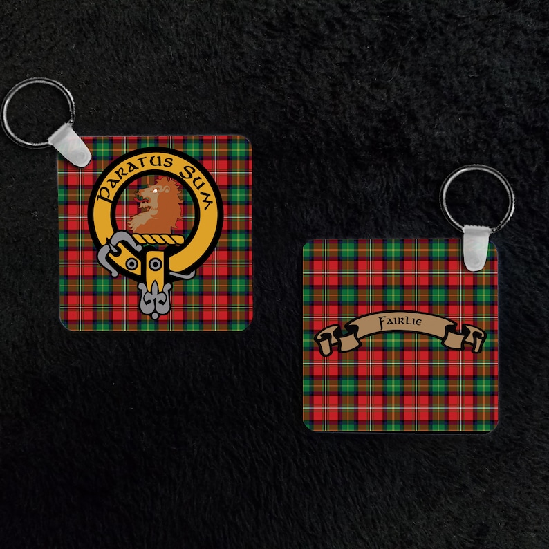 FAIRLIE Clan Crest Tartan Colors Keychain Aluminum or Plastic Square Key Chain Scottish