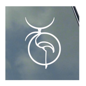 May include: White vinyl sticker with a stylized flamingo design. The flamingo is depicted in a circle with a crescent moon shape above it.