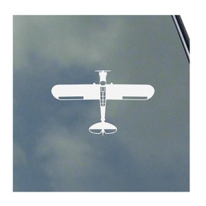May include: A white silhouette of a small airplane viewed from above. The plane has two wings, a tail, and a propeller.