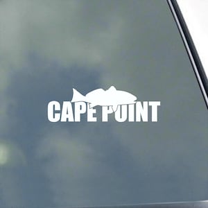 May include: White vinyl decal with a silhouette of a fish and the text "CAPE POINT".