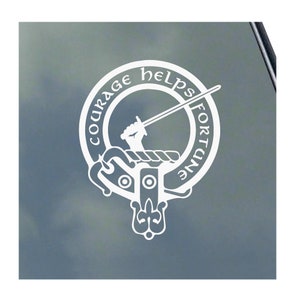 May include: White vinyl decal with a crest featuring a sword, rope, and a crown. The text around the crest reads "Courage Helps Fortune".