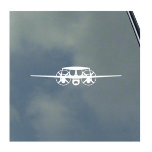 May include: White silhouette of a plane with two propellers on a blue background.