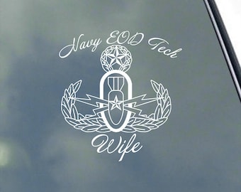 Proud Wife of a Navy EOD Tech Badge Vinyl Sticker Decal US Veteran Icon Pirate Skull Elite Explosive Specialist