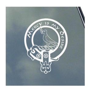 May include: White vinyl decal with a crest featuring a bird holding a branch, a rope, and the text "Mercy is my desire".