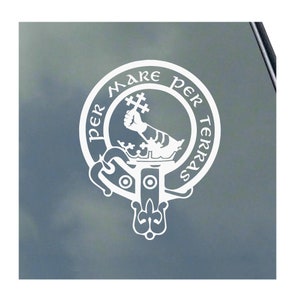 May include: White vinyl decal of a Scottish clan crest with the text "Per Mare Per Terras" in a circle around the crest.