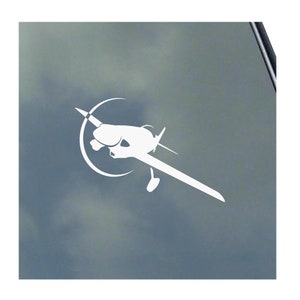 May include: White silhouette of a small airplane in a circle on a gray background.