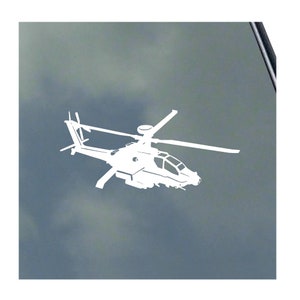 May include: A white silhouette of an attack helicopter against a gray background.