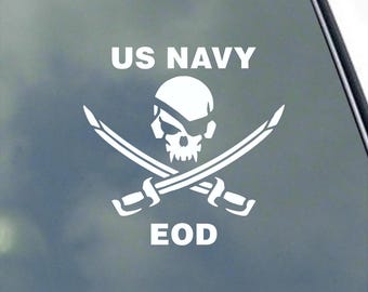 Navy EOD Vinyl Sticker Decal Tech US Veteran Badge Icon Pirate Skull Elite Explosive Specialist