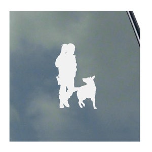 May include: White silhouette of a person with a dog on a light blue background.