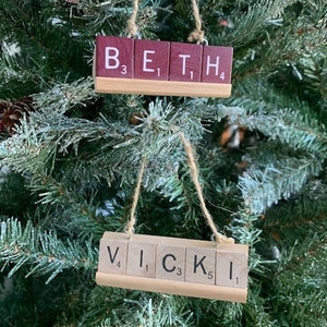 Personalized wood Tile Ornaments- your choice up to 9 letters- mounted on a wood tile rack