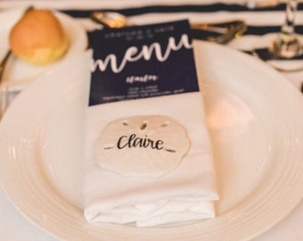 calligraphy sand dollars, beach wedding, sand dollar themed place cards, wedding beach name tags